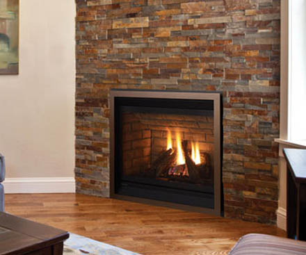 Regency P33 Gas Fireplace with brick panel, bronze faceplate and multicolored stone surround
