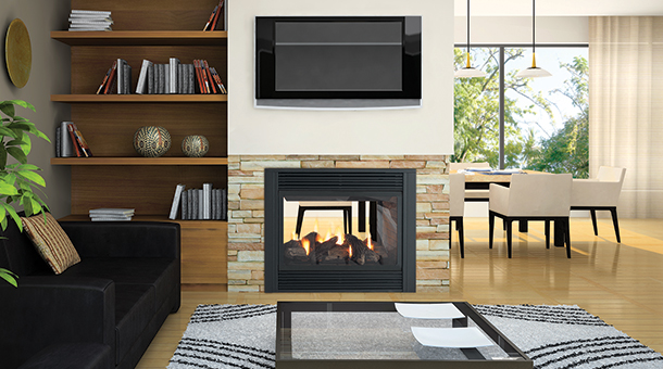 Regency P121 Two-Sided Gas Fireplace with black louvers and stone surround